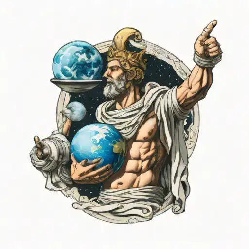greek god apollo holding earth on his shoulders with astronaut floating in a galaxy above tattoo design idea