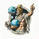 greek god apollo holding earth on his shoulders with astronaut floating in a galaxy above tattoo design idea