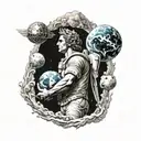 greek god apollo holding earth on his shoulders with astronaut floating in a galaxy above tattoo design idea