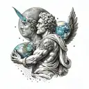 greek god apollo holding earth on his shoulders with astronaut floating in a galaxy above tattoo design idea