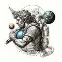 greek god apollo holding earth on his shoulders with astronaut floating in a galaxy above tattoo design idea
