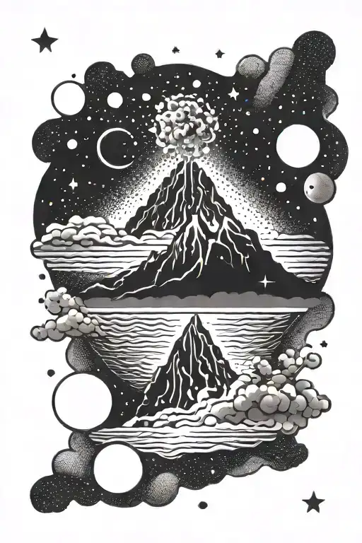 A dotwork tattoo of a volcano erupting with planets and stars swirling around it tattoo design idea