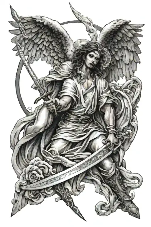 yin and yang, guardian angel holding a sword, Anti christ tattoo design idea