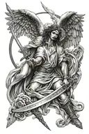 yin and yang, guardian angel holding a sword, Anti christ tattoo design idea