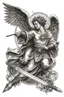 yin and yang, guardian angel holding a sword, Anti christ tattoo design idea
