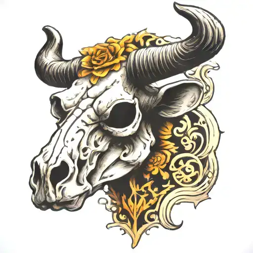 long horn cow skull with carvings tattoo design idea