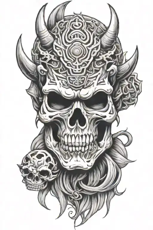 skull and japanese oni mask tattoo design idea
