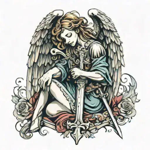 a kneeling Angel with their head resting on the hilt of a sword their hair falling down around them with broken wings tattoo design idea