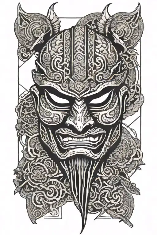 traditional thai and japanese ronin mask tattoo design idea