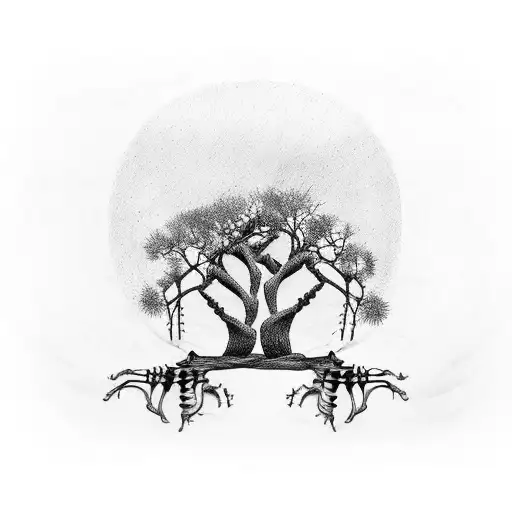 two trees with skeleton trunks love tattoo design idea