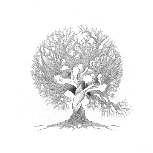 trees intertwined skeleton love tattoo design idea