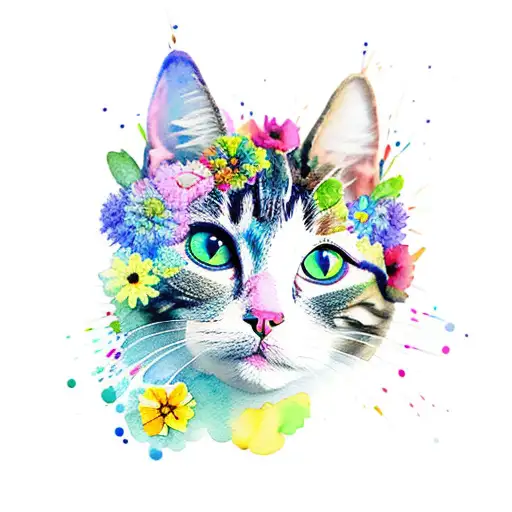 watercolor cat made of colorful flowers tattoo design idea