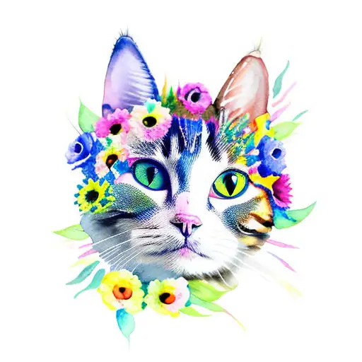 watercolor cat made of colorful flowers tattoo design idea
