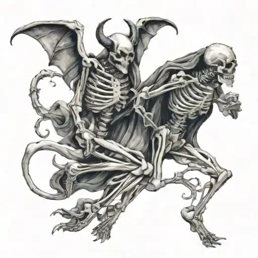 devil and a skeleton engaged in a captivating dance. with the saying dance with the devil, die with the devil tattoo design idea