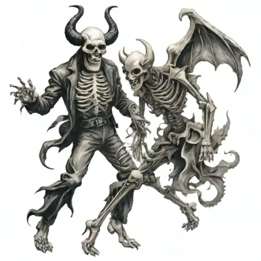 devil and a skeleton dancing. with the saying "dance with the devil, die with the devil"  tattoo design idea