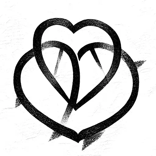 three hearts side by side, drawn with the letters A and B, and linked with a continuous  black fine line. tattoo design idea