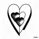 three hearts side by side, drawn with the letters A and B, and linked with a continuous  black fine line. tattoo design idea