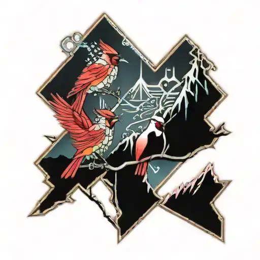 Mountains and cardinals sitting on a branch tattoo design idea