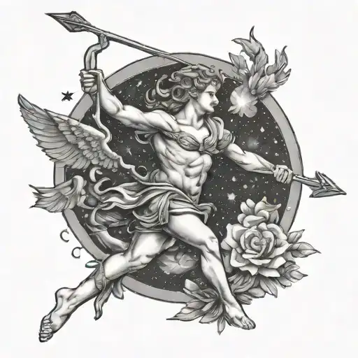 A celestial scene with Cupid shooting arrows in the night sky tattoo design idea