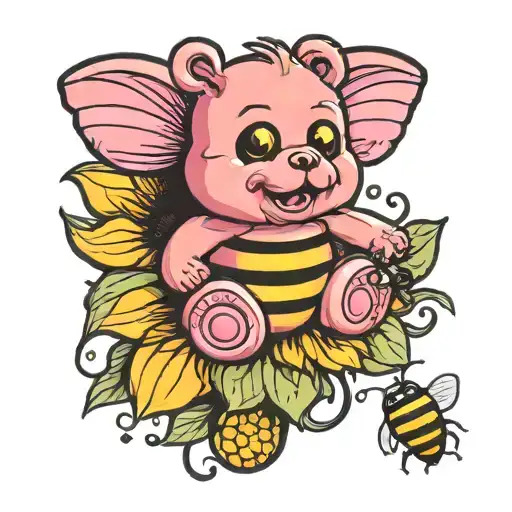 pink gummy bear bouncing on sunflower with bumble bee tattoo design idea