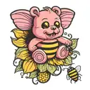 pink gummy bear bouncing on sunflower with bumble bee tattoo design idea