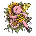 pink gummy bear bouncing on sunflower with bumble bee tattoo design idea