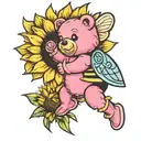 pink gummy bear bouncing on sunflower with bumble bee tattoo design idea