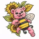 pink gummy bear bouncing on sunflower with bumble bee tattoo design idea