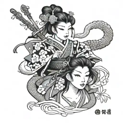 Samurai girl with a frog on her back in Japanese black and white style tattoo design idea