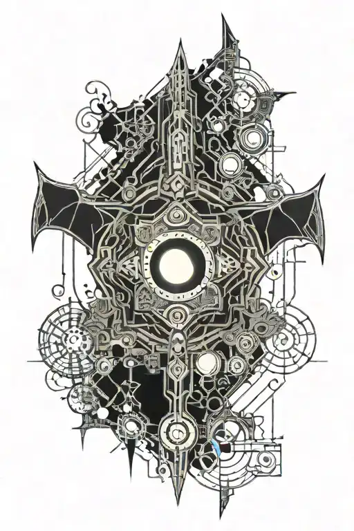 cyber sigilism, bat, goth,lantern, eye , tattoo design idea