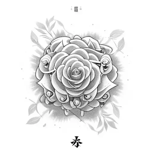 Combine a bouquet of flowers with the Cho ku rei symbol in a black and grey style tattoo design idea