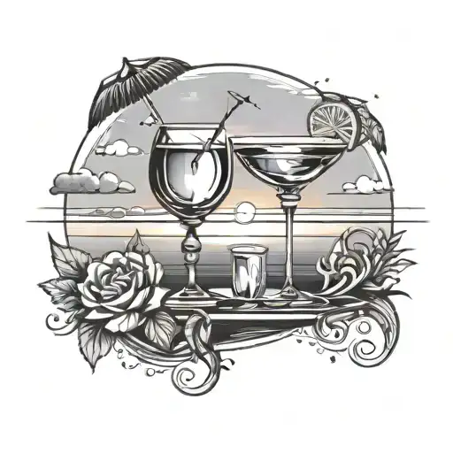 A waiter serving music notes and cocktail glasses under a summer sunset sky tattoo design idea