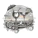 A waiter serving music notes and cocktail glasses under a summer sunset sky tattoo design idea