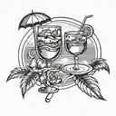 A waiter serving music notes and cocktail glasses under a summer sunset sky tattoo design idea