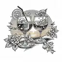 A waiter serving music notes and cocktail glasses under a summer sunset sky tattoo design idea