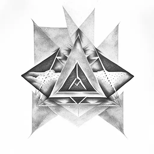 A dotwork tattoo of a mysterious Bermuda Triangle, with crows flying around it, representing the client's fascination with both subjects. tattoo design idea