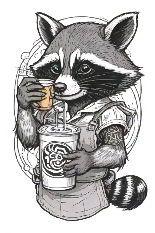 female raccoon wearing a baking apron and holding an iced coffee tattoo design idea