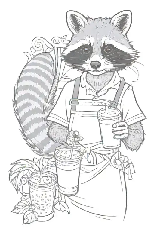 female raccoon wearing apron and holding an iced coffee tattoo design idea
