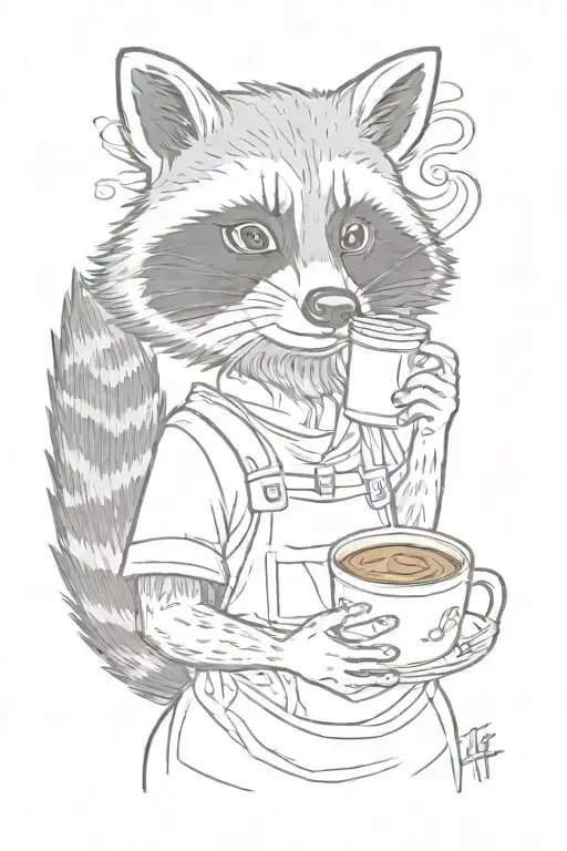 female raccoon wearing a baking apron and holding an iced coffee tattoo design idea