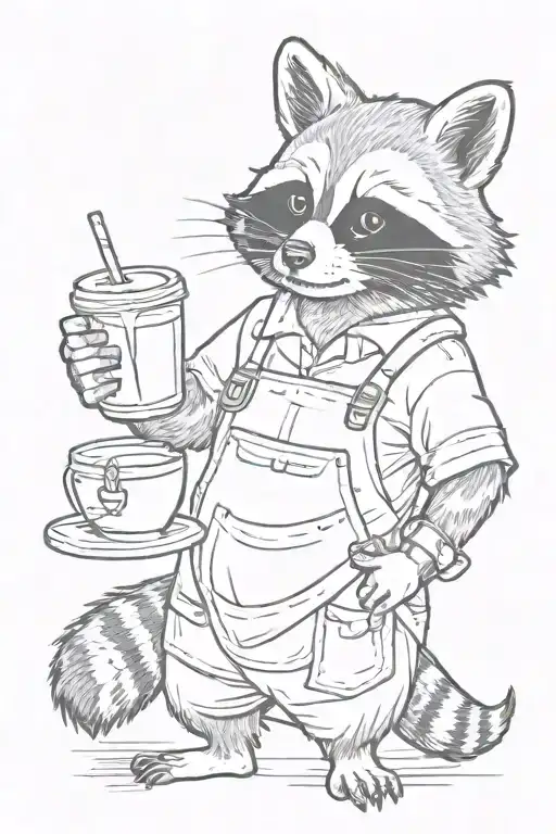 raccoon wearing apron and holding an iced coffee tattoo design idea