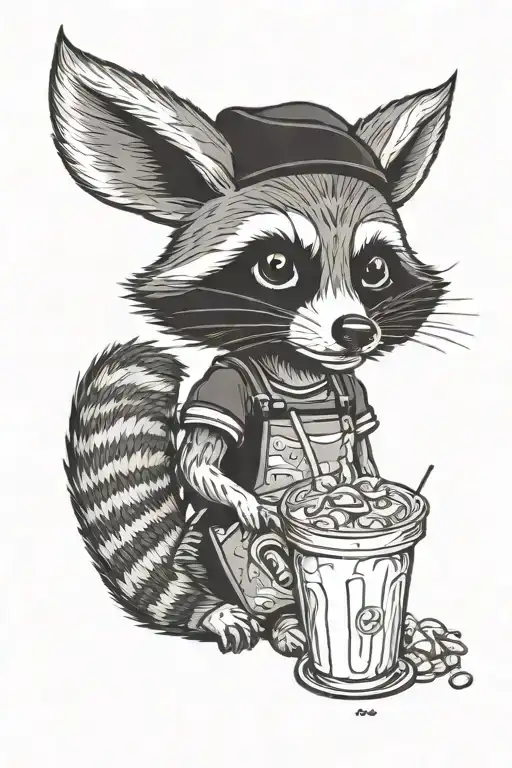 female raccoon wearing a baking apron and holding an iced coffee tattoo design idea