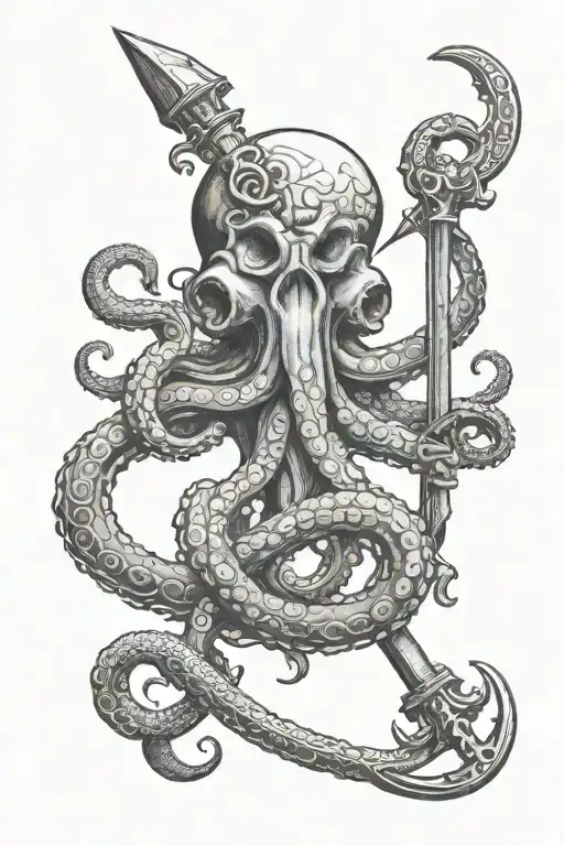 octopus wrapped around anchor holding trident intertwined tattoo design idea
