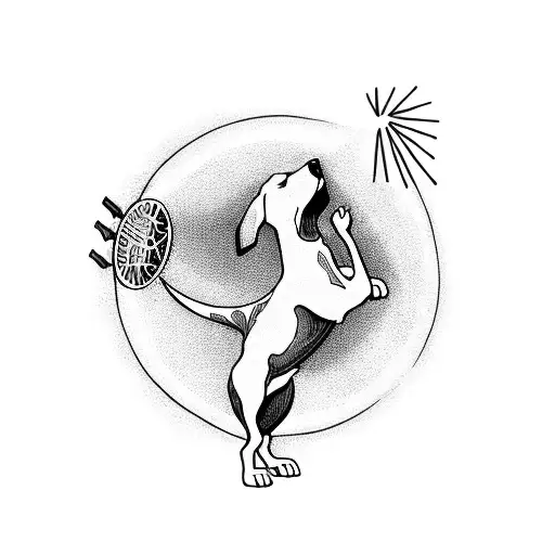A fierce blackwork tattoo of a dog catching a frisbee in mid-air with an electric bolt background tattoo design idea