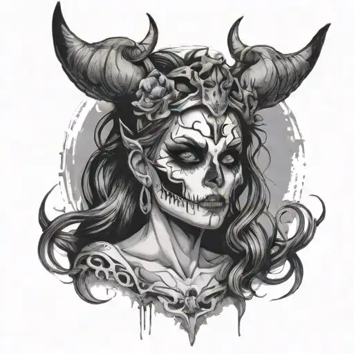 demonic women with horns wearing a skull crown  tattoo design idea