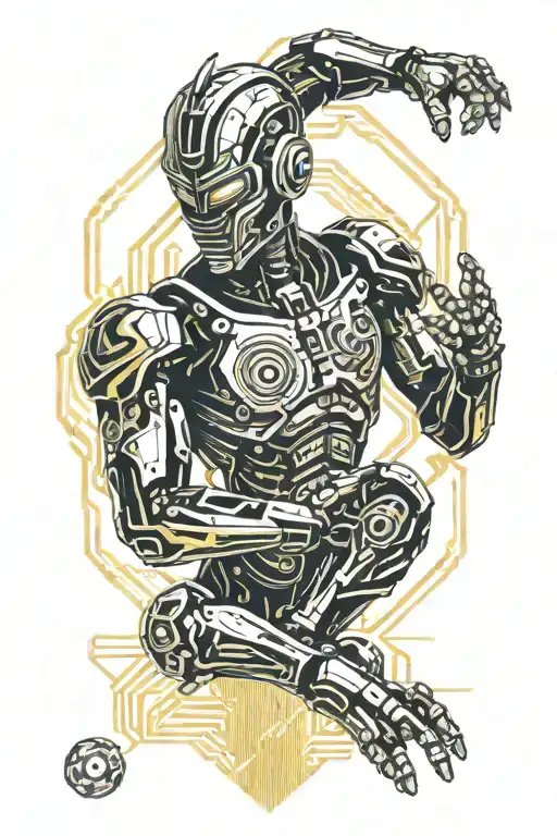 muay thai robot fighter surrounded in a soccer field  tattoo design idea
