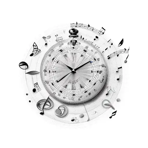 A quill pen writing music notes on a scroll with timepieces in the background tattoo design idea