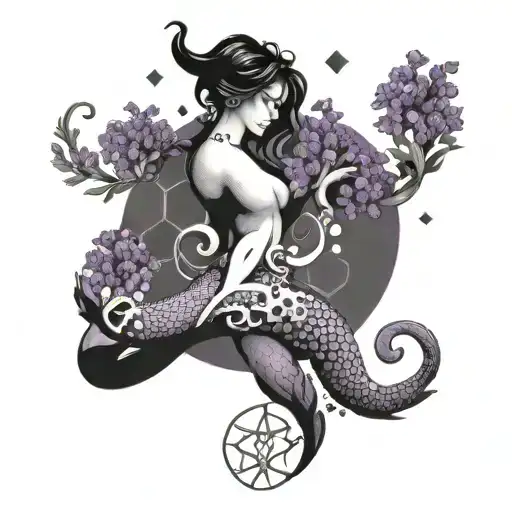 An artistic representation of the Aquarius zodiac sign intertwined with lavender flowers, representing living life to the fullest tattoo design idea