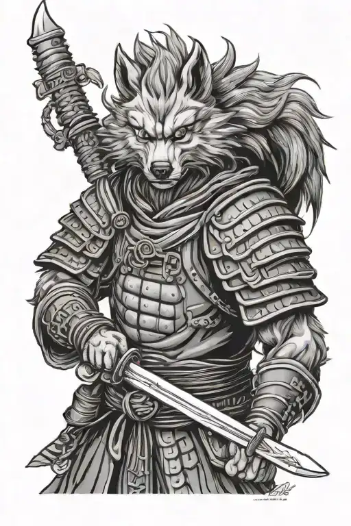 Wolf Samurai warrior wielding tattoo design idea