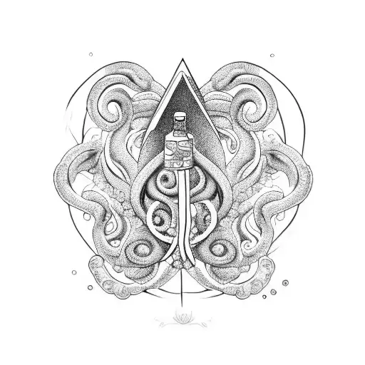Tentacle and bottle of wine tattoo design idea