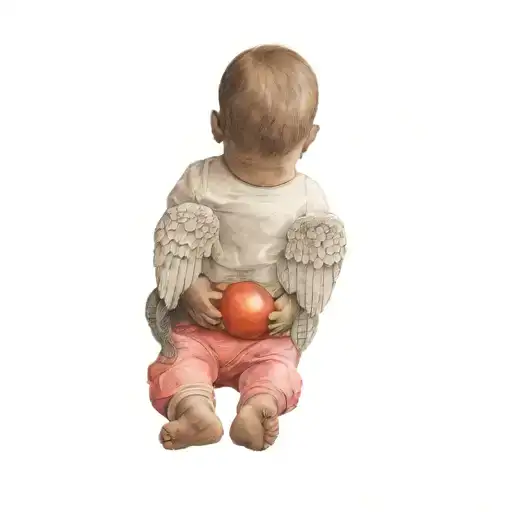 a baby with big angel wings holding a toy  tattoo design idea